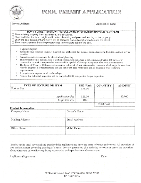 First page of the Pool Permit Application