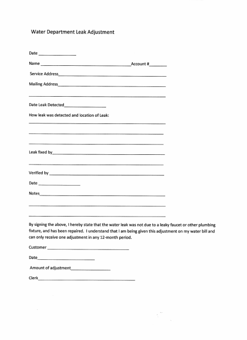 First page of the Leak Adjustment Application