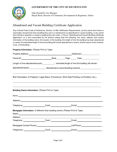 First page of the Abandoned and Vacant Building Certificate Application