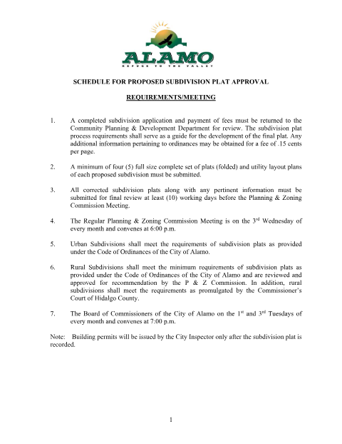 First page of the Application for Subdivision Plat Approval