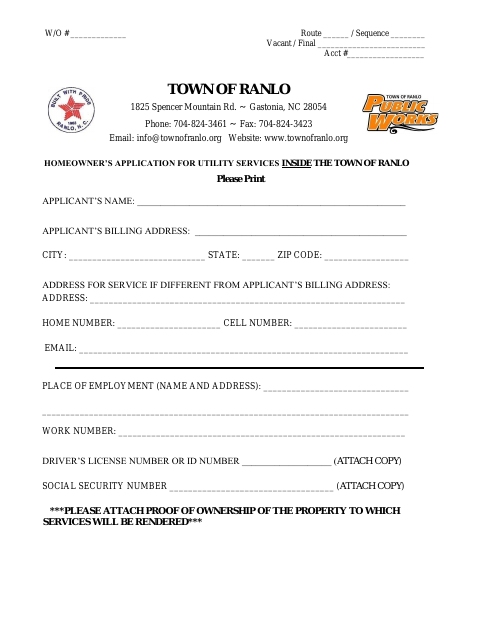 First page of the Homeowner’s Application for Utility Services