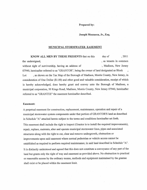 First page of the Municipal Stormwater Easement Form