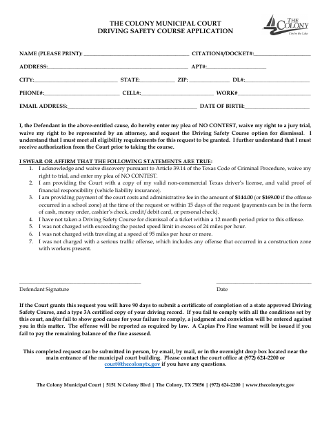 First page of the Driving Safety Course Application