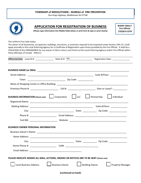 First page of the Application for Registration of Business