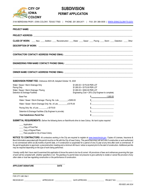 First page of the Subdivision Permit Application