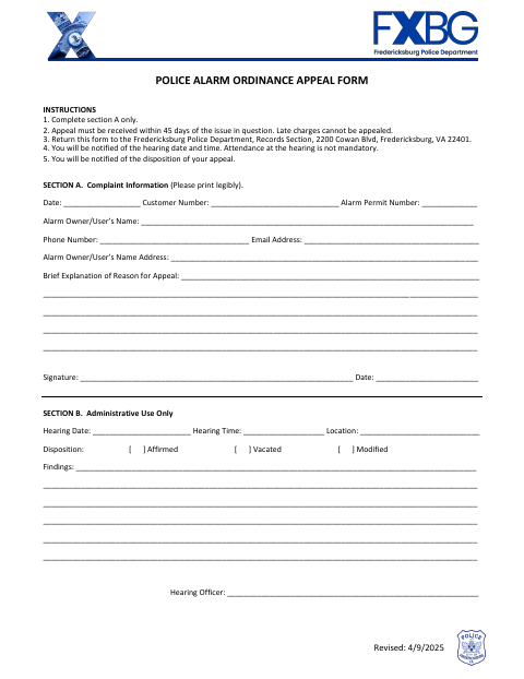 First page of the Police Alarm Ordinance Appeal Form