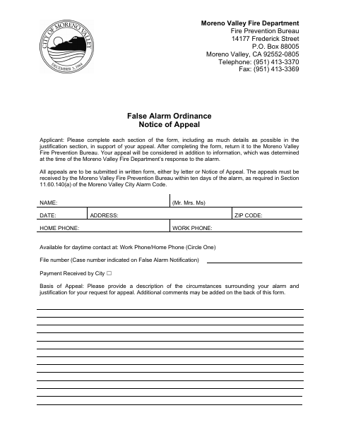 First page of the False Alarm Ordinance Notice of Appeal