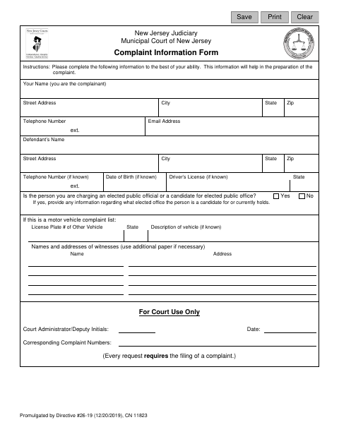 First page of the Complaint Information Form