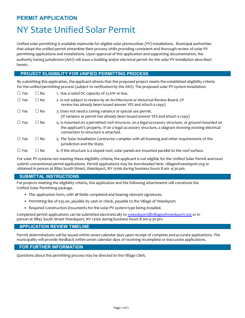 First page of the NY State Unified Solar Permit