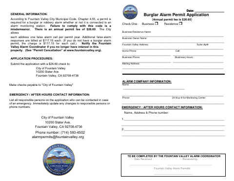 First page of the Burglar Alarm Permit Application
