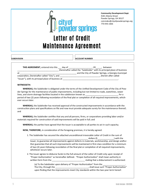 First page of the Letter of Credit Maintenance Agreement