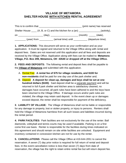 First page of the Shelter House With Kitchen Rental Agreement