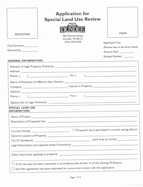 First page of the Special Land Use Application