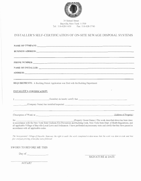 First page of the Installer's Self-Certification of On-Site Sewage Disposal Systems