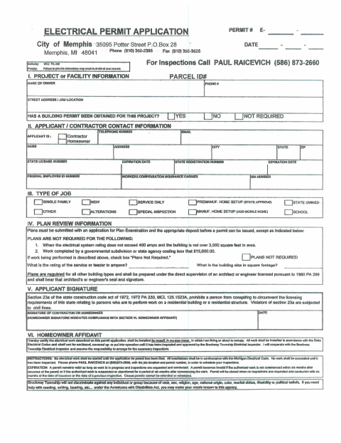 First page of the Electrical Permit Application