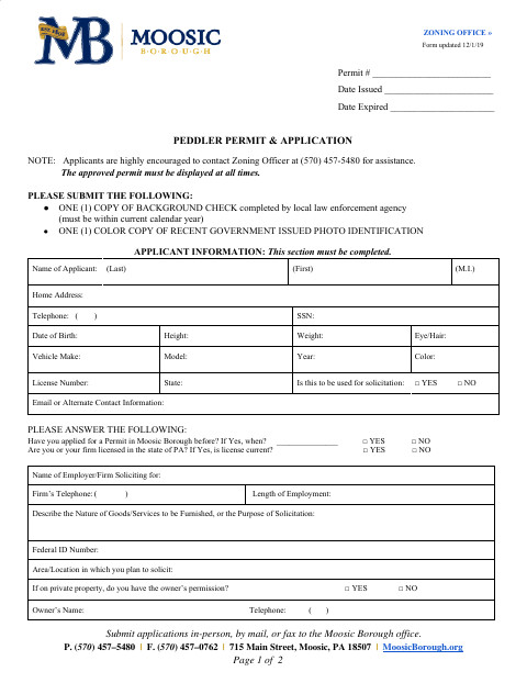 First page of the Peddler Permit & Application
