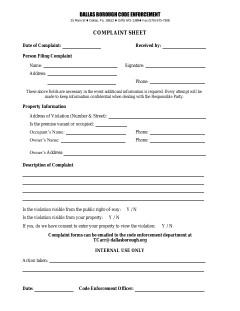 First page of the Code Enforcement Complaint Sheet