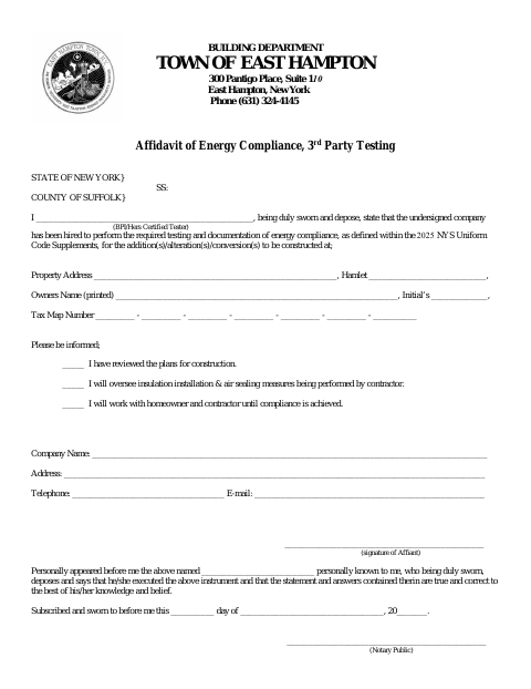 First page of the Affidavit of Energy Compliance, Third-Party Testing