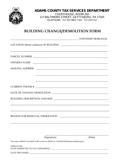 First page of the Building Change/Demolition Form