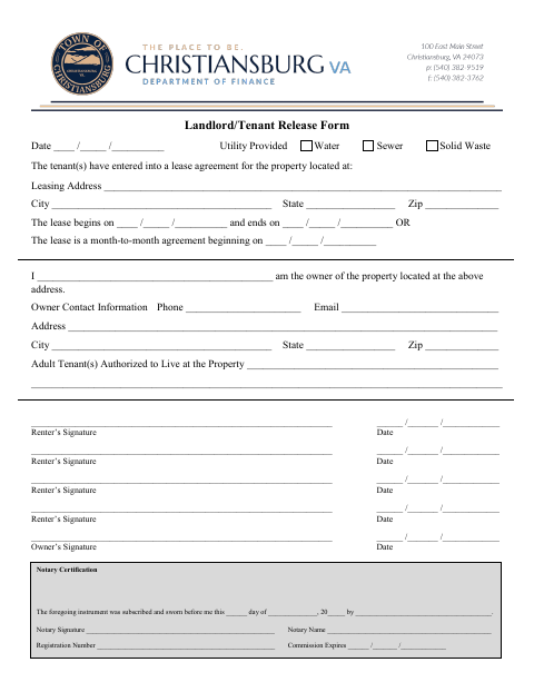 First page of the Tenant/Landlord Release Form