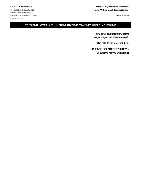 First page of the 2025 Employer’s Municipal Income Tax Withholding Forms