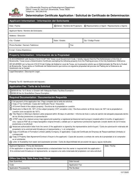 First page of the Determination Certificate Application