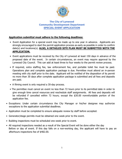 First page of the Special Event Application