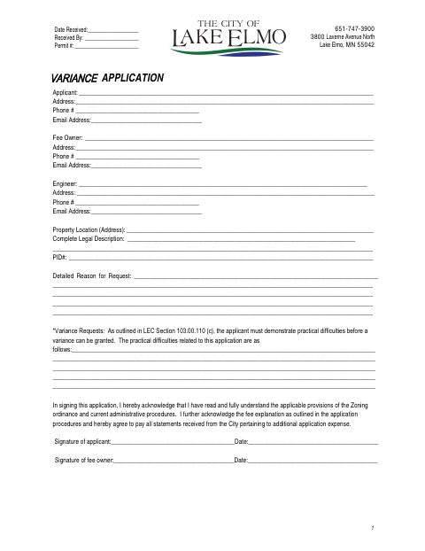 First page of the Variance Application