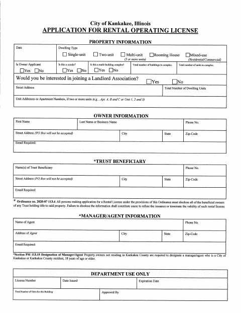First page of the Rental Operating License Application
