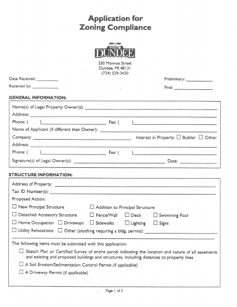 First page of the Zoning Compliance Application