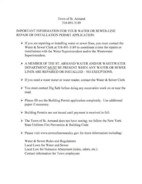 First page of the Water or Sewer Lateral Building Permit Application