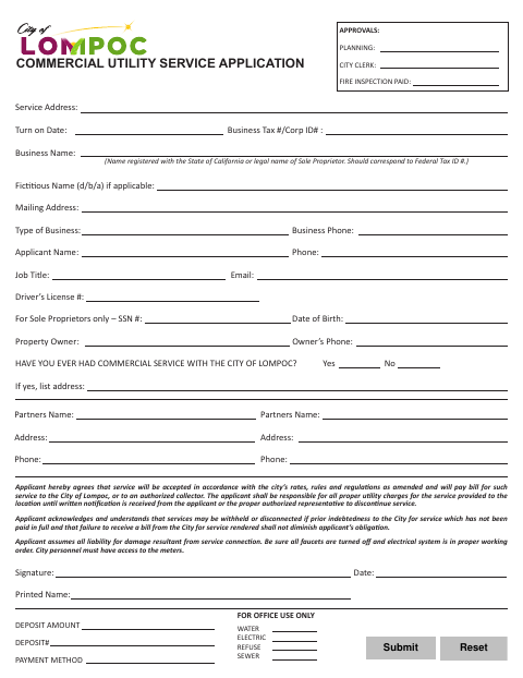 First page of the Commercial Utility Service Application