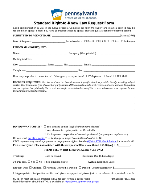 First page of the Standard Right-to-Know Law Request Form