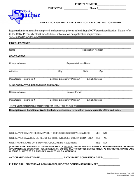 First page of the Small Cells Right-of-Way Permit Application