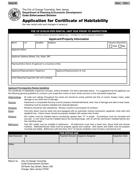 First page of the Application for Certificate of Habitability