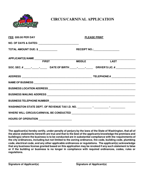 First page of the Circus & Carnival Application