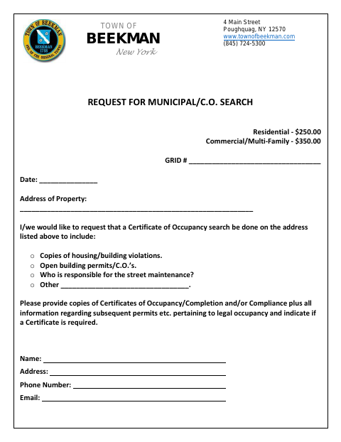 First page of the Request for Municipal Search Application