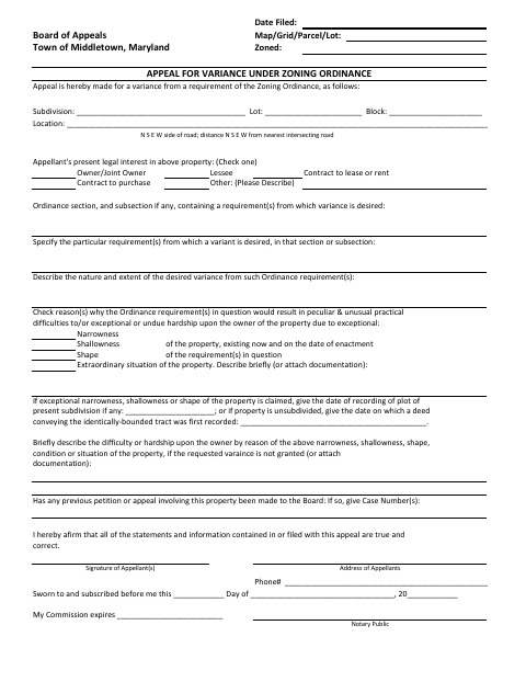 First page of the Appeal for Variance Under Zoning Ordinance