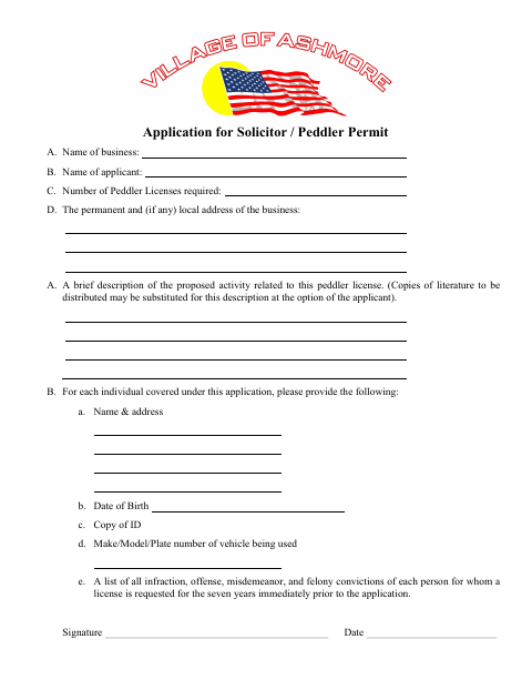 First page of the Application for Solicitor / Peddler Permit