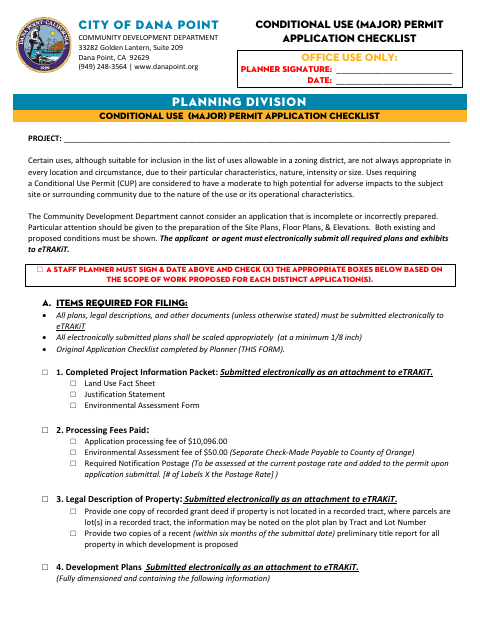 First page of the Conditional Use Permit (Major) Checklist