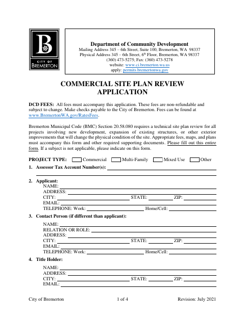 First page of the Commercial Site Plan Review Application