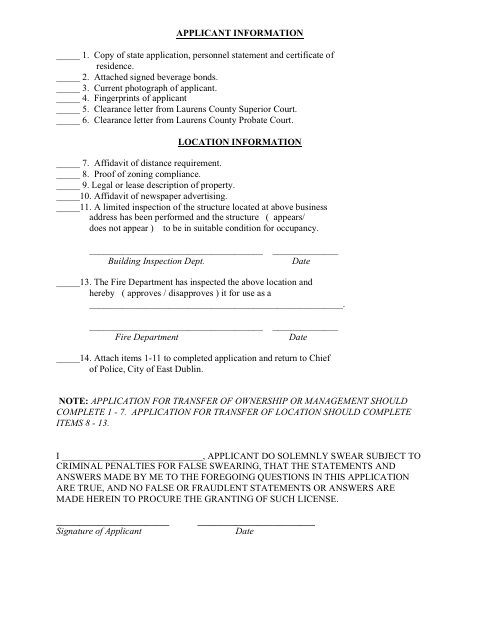 First page of the Alcohol License Application Checklist