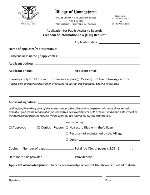First page of the Application for Public Access to Records FOIL Request