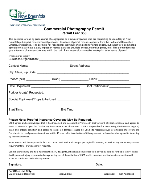 First page of the Commercial Photography Permit