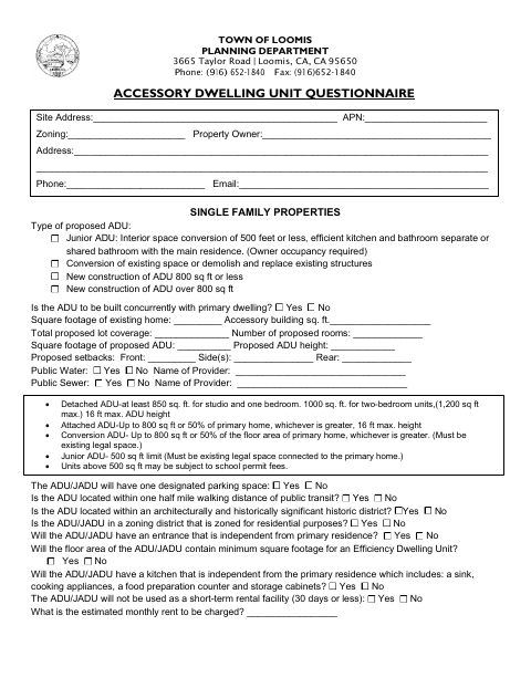First page of the Accessory Dwelling Unit Questionnaire