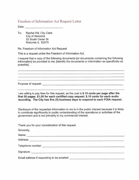 First page of the Freedom of Information Act Request Letter