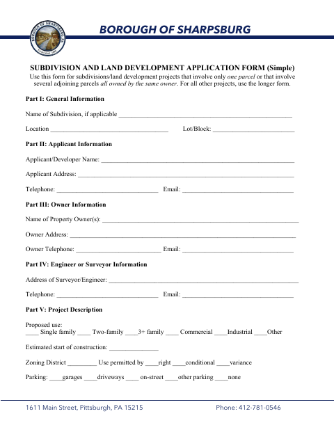 First page of the Subdivision and Land Development Application Form (Simple)