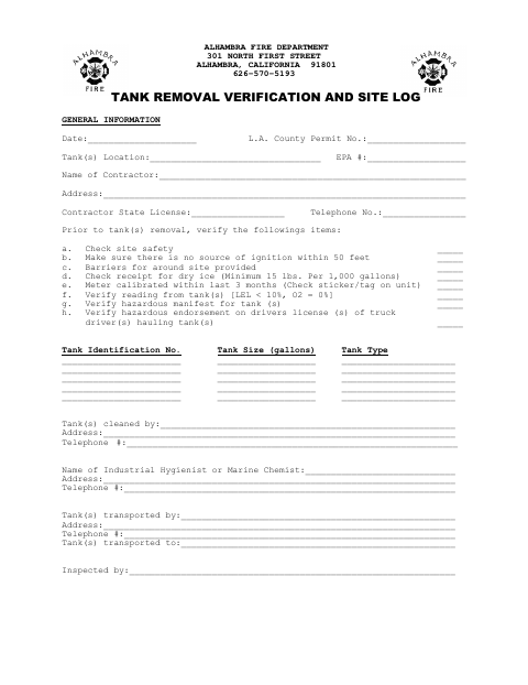 First page of the Tank Removal Verification and Site Log