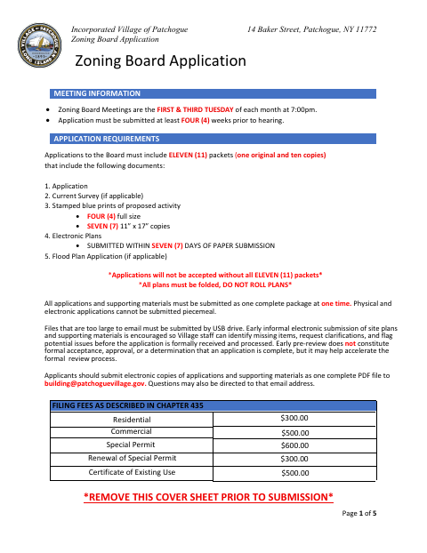 First page of the Zoning Board Application