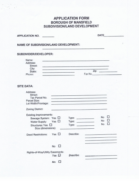 First page of the Subdivision and Land Development Application